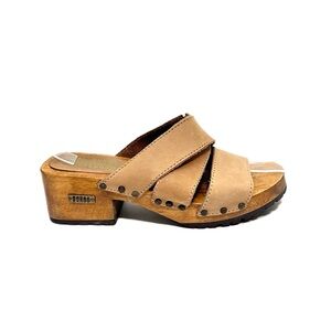 Vintage 1990s tan nubuck leather wooden sole slip on heeled sandals